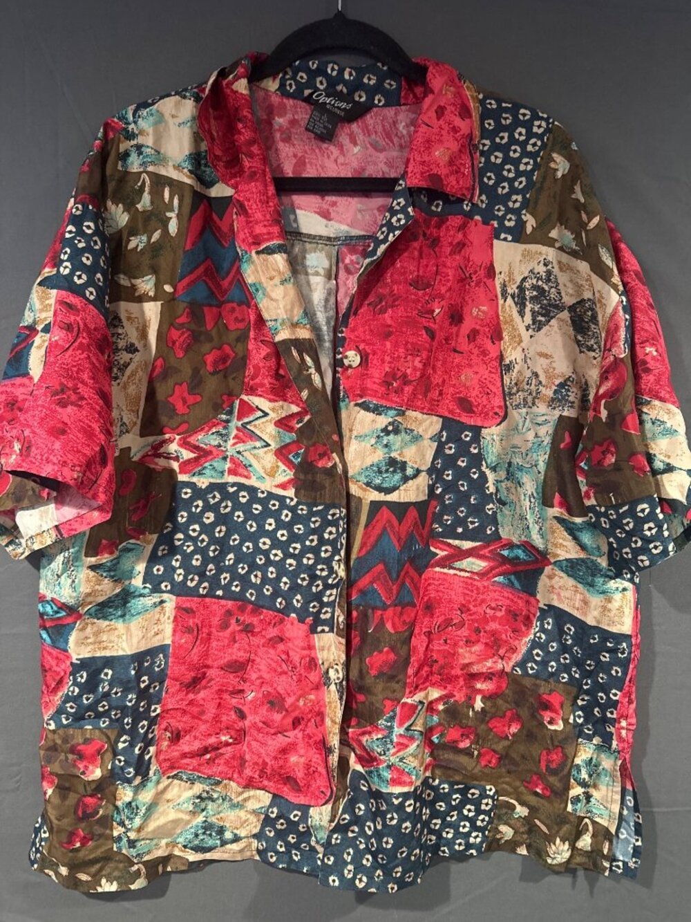Vintage Options Melrose Women L Patchwork Shirt 90s Boho Artsy Abstract Oversize